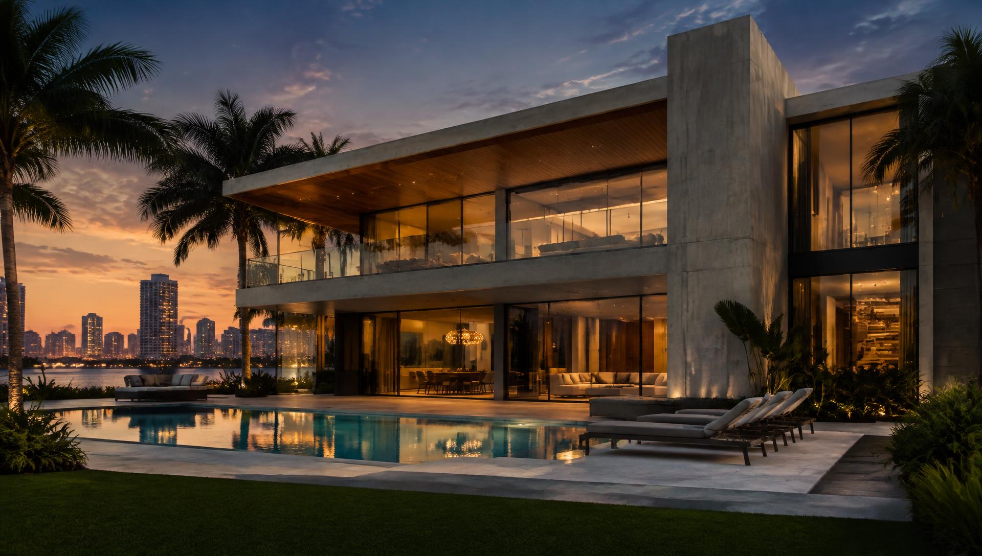 Modern concrete and glass residence at dusk